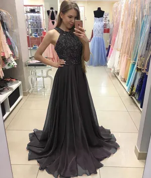 Deep gray chiffon long prom dress, deep gray evening dress