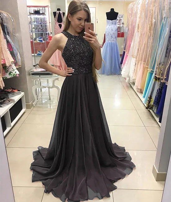 Deep gray chiffon long prom dress, deep gray evening dress