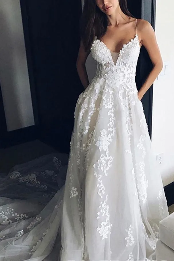 Deep V Neck Spaghetti Straps Beach Wedding Dress Bridal Gown  WD556