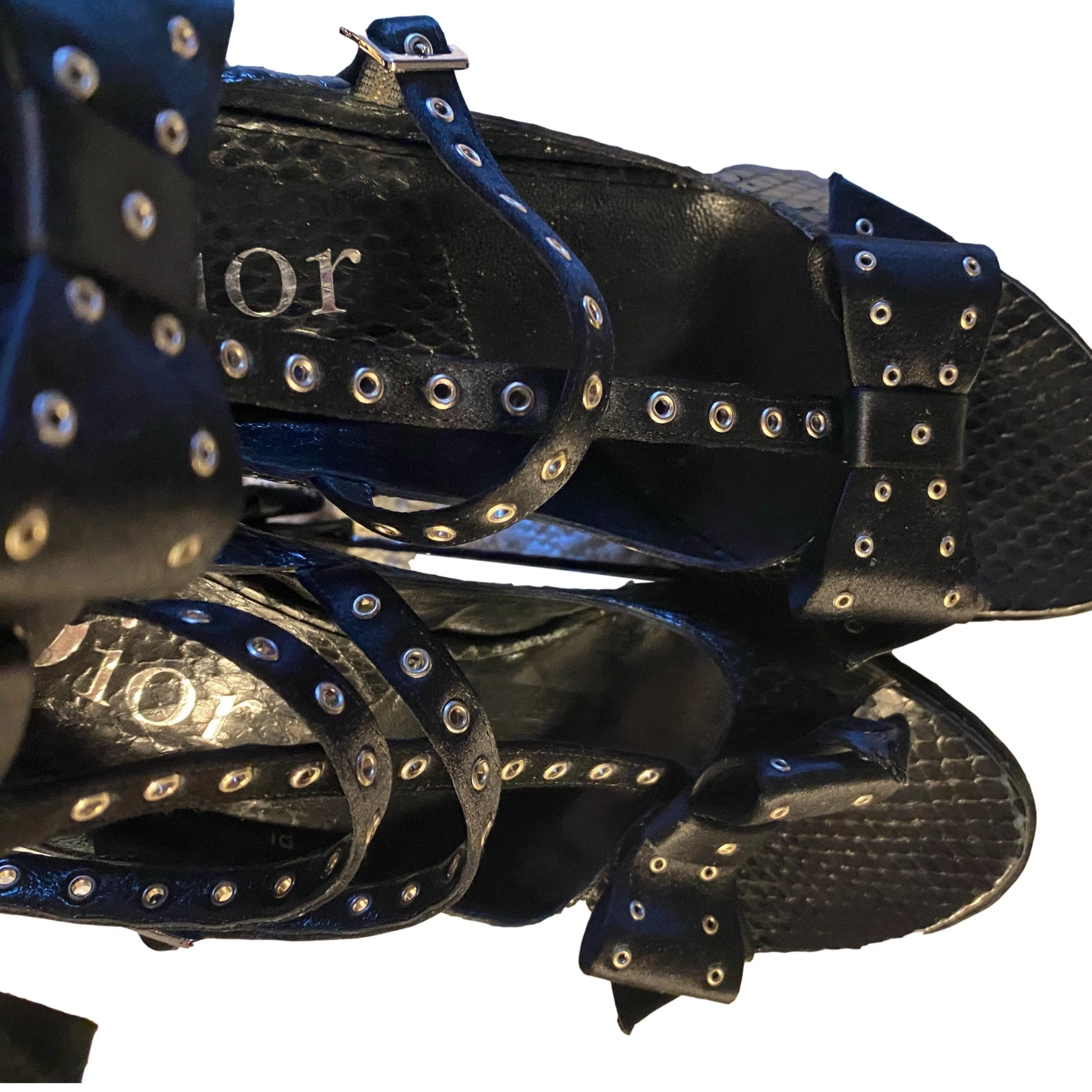 Dior Black Snakeskin Rivet Bow Heels