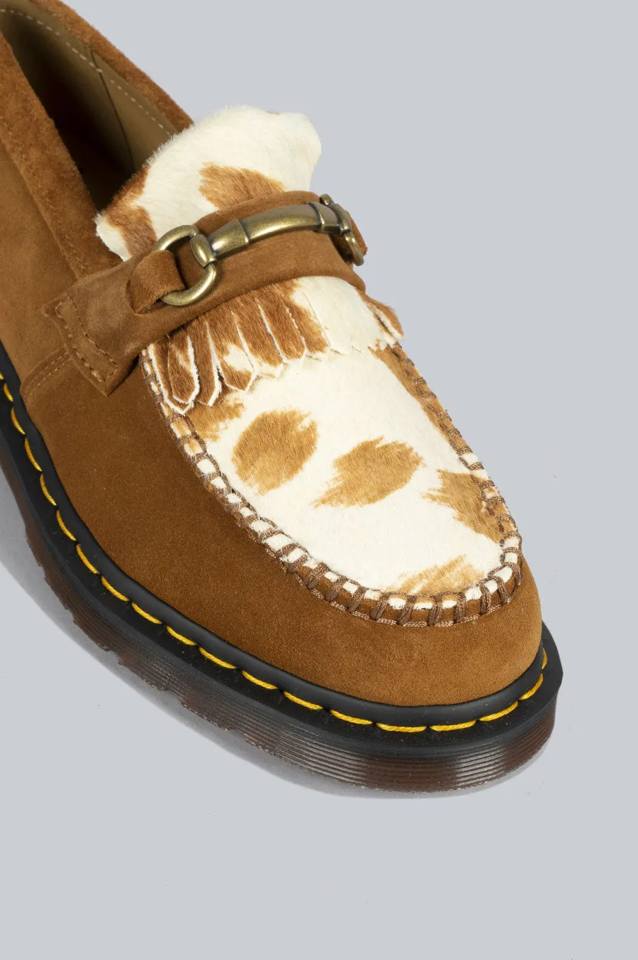 DR MARTENS ADRIAN SNAFFLE HAIR-ON COW PRINT KILTIE LOAFERS PECAN BROWN