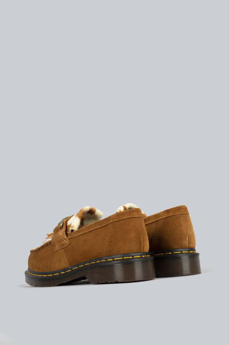 DR MARTENS ADRIAN SNAFFLE HAIR-ON COW PRINT KILTIE LOAFERS PECAN BROWN