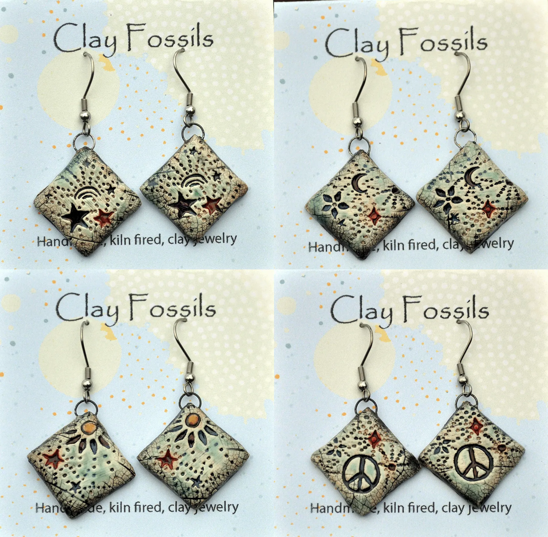 Earrings, Cosmic, fired ceramic clay, USA handmade 