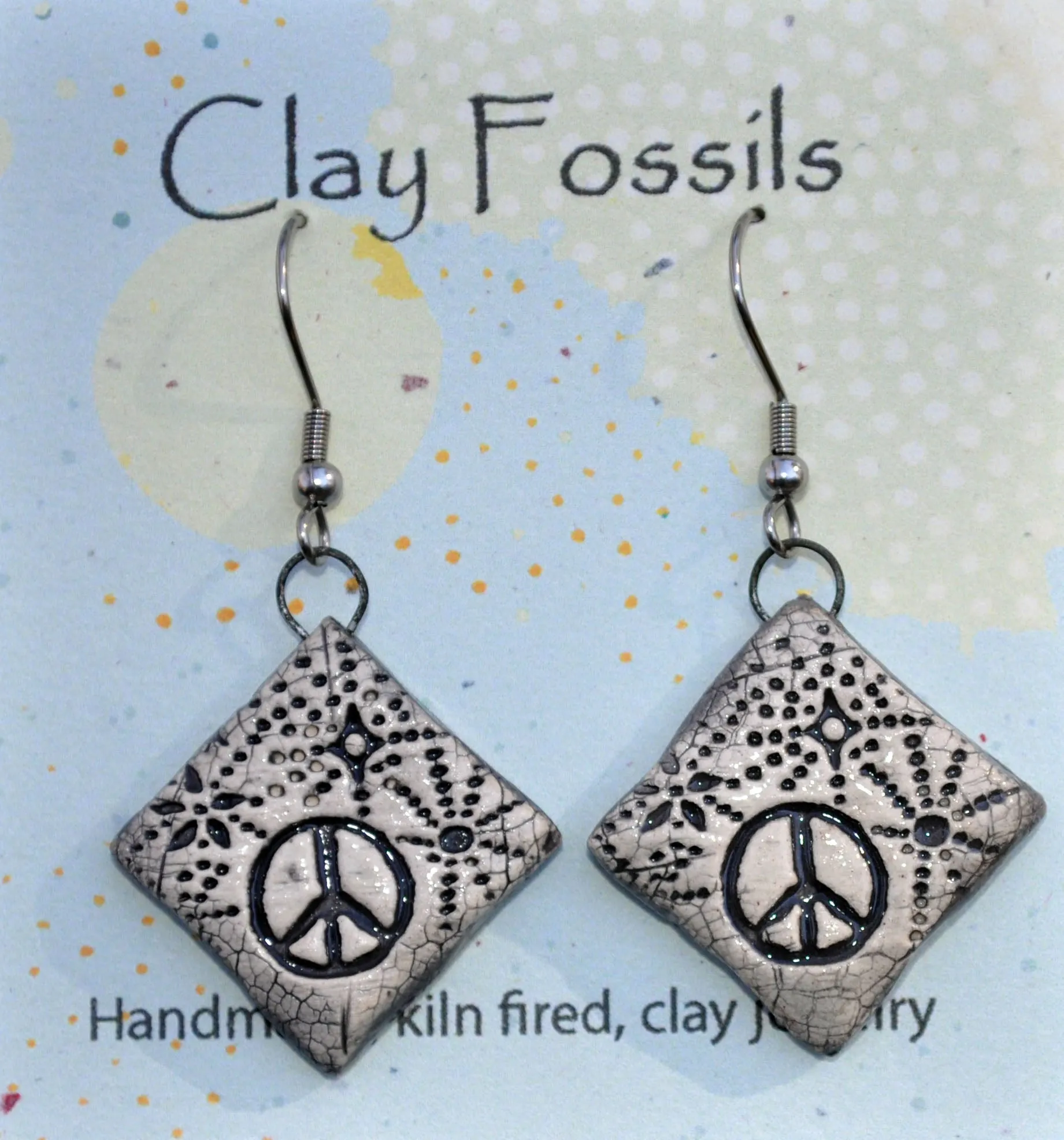 Earrings, Cosmic Peace, fired ceramic clay, USA handmade 