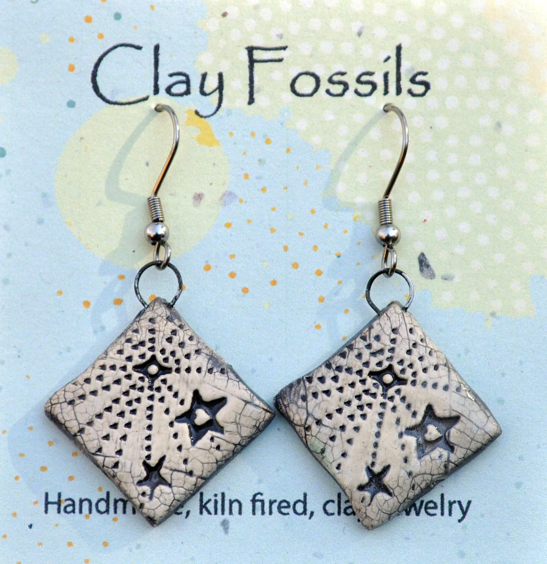 Earrings, Starlight, fired ceramic clay, USA handmade 