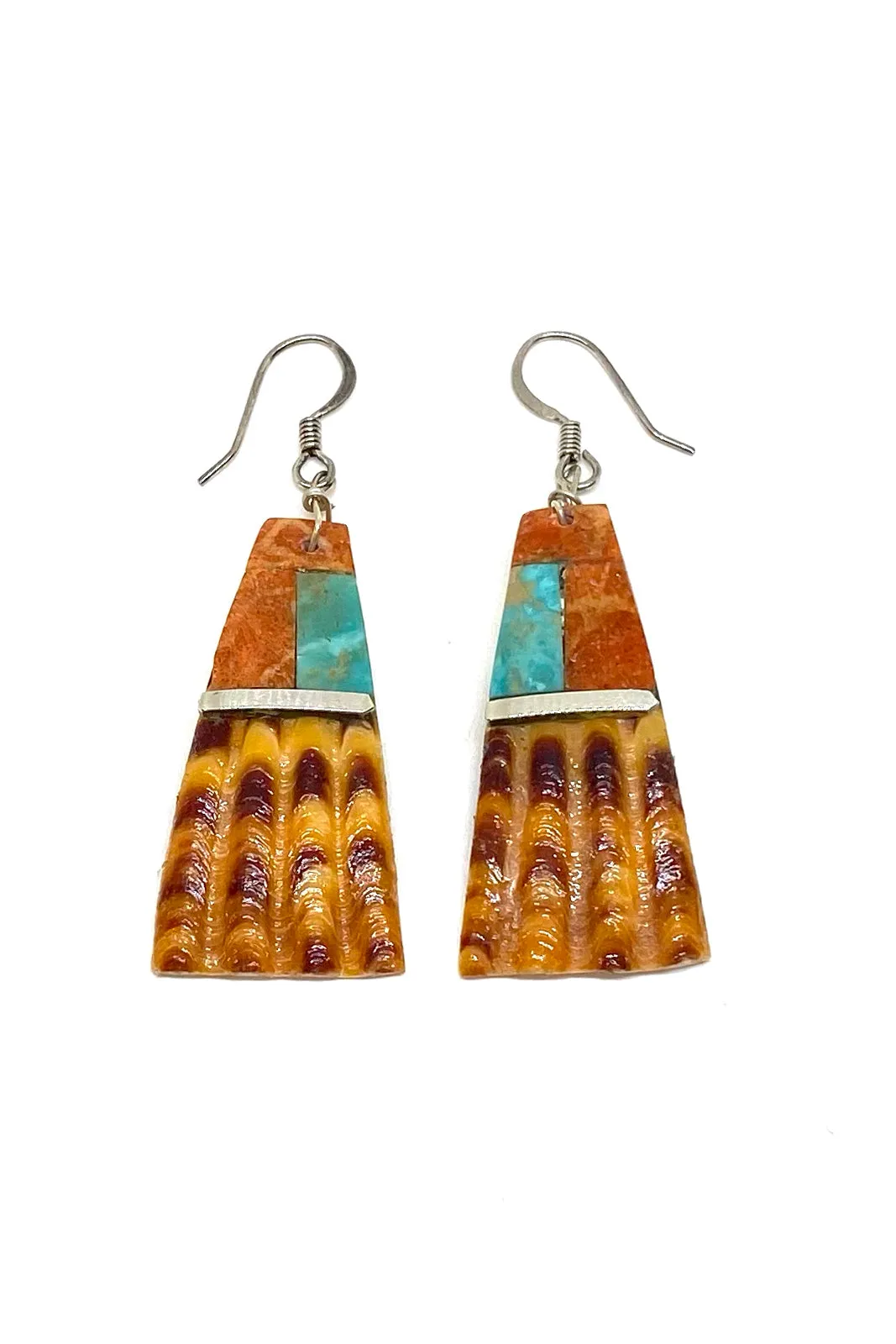 Edward Tortalita Santo Domingo Orange Shell and Turquoise Inlay Earrings