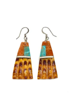 Edward Tortalita Santo Domingo Orange Shell and Turquoise Inlay Earrings