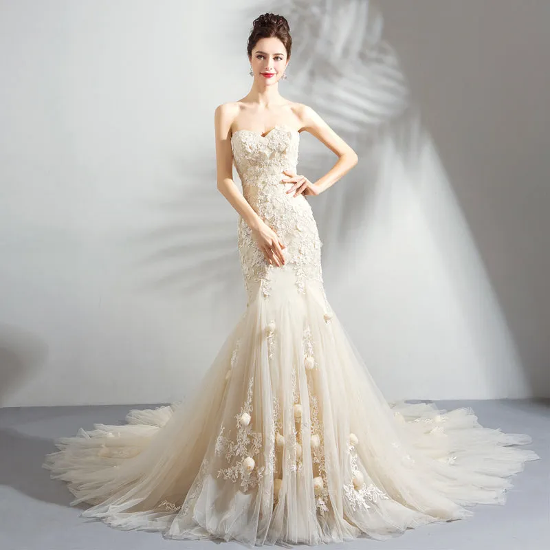 Elegant Ivory Tulle Mermaid with Lace and Flowers Prom Dress, Mermaid Evening Gown