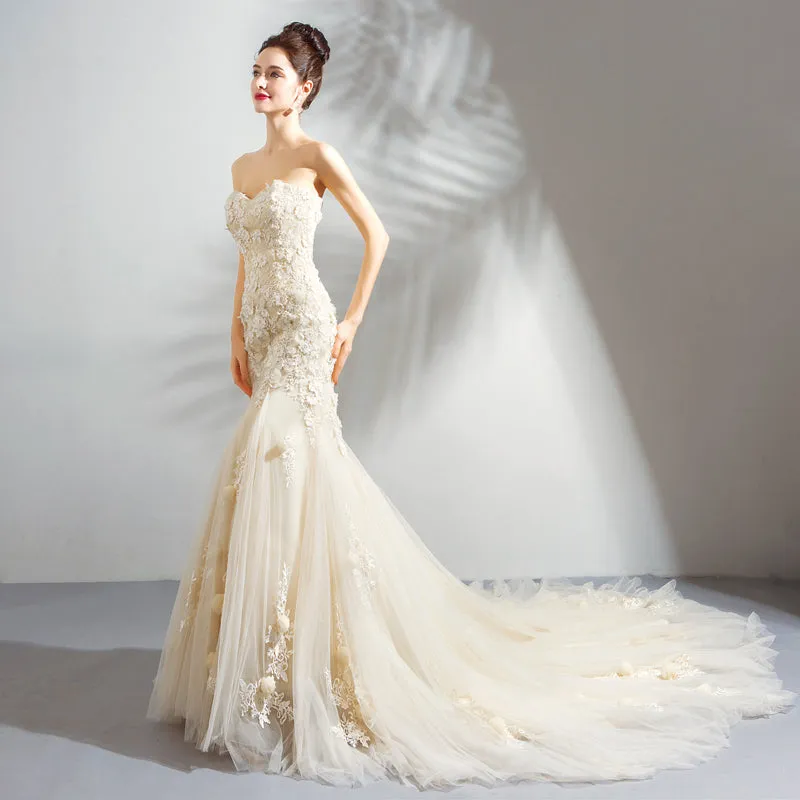 Elegant Ivory Tulle Mermaid with Lace and Flowers Prom Dress, Mermaid Evening Gown