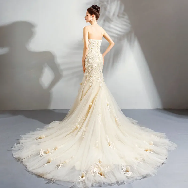 Elegant Ivory Tulle Mermaid with Lace and Flowers Prom Dress, Mermaid Evening Gown