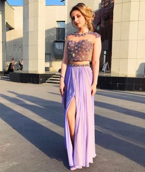 Elegant purple two pieces long prom dress, purple evening dress