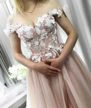 Elegant tulle applique long prom dress, tulle formal dress