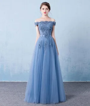 Elegant tulle lace applique long prom dress, blue evening dress