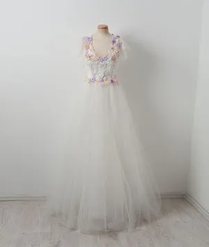 Elegant tulle lace applique white long prom dress, white evening dress