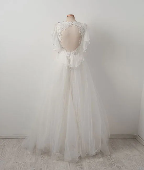 Elegant tulle lace applique white long prom dress, white evening dress