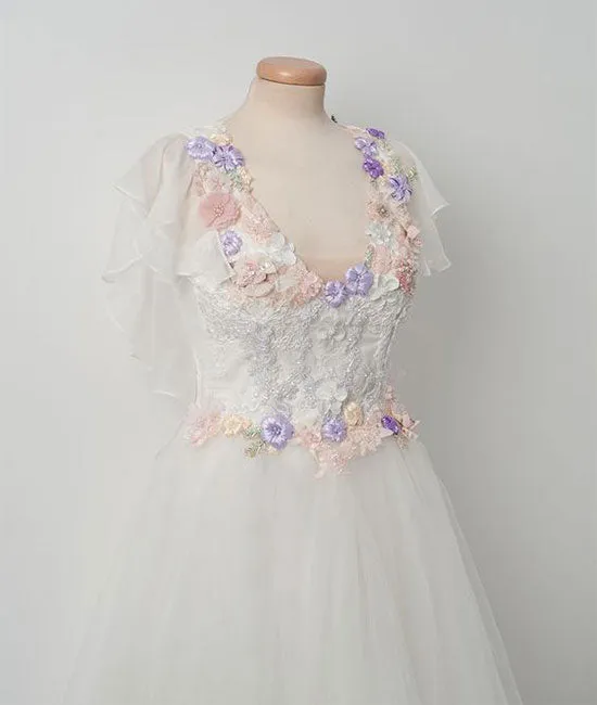 Elegant tulle lace applique white long prom dress, white evening dress