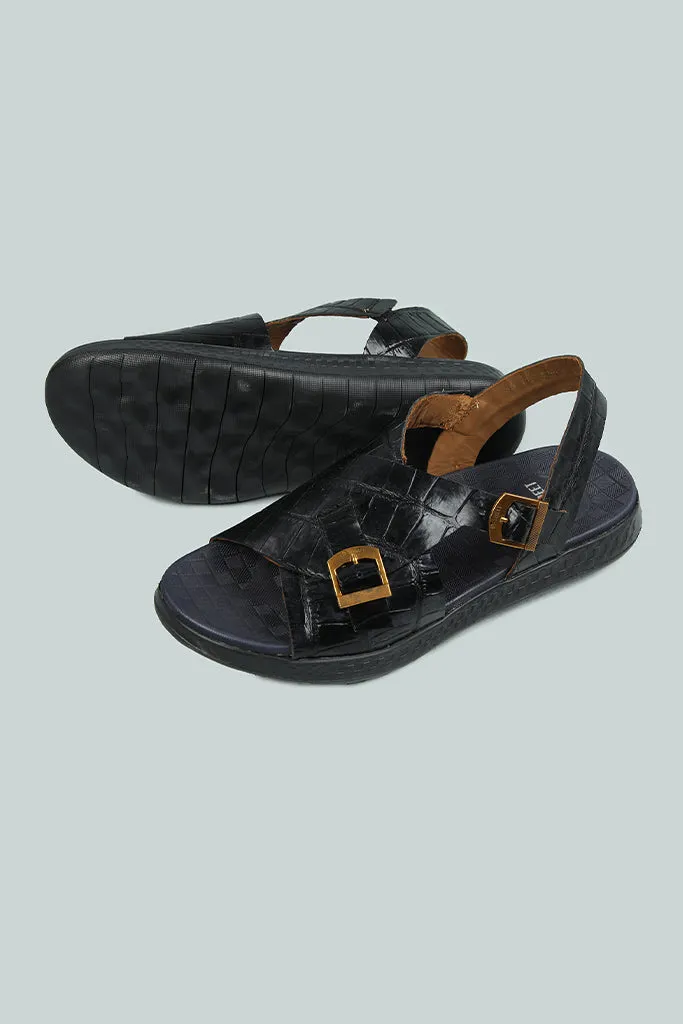 EMBOSSED BLACK LEATHER SANDAL