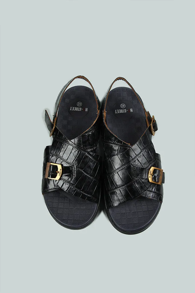 EMBOSSED BLACK LEATHER SANDAL