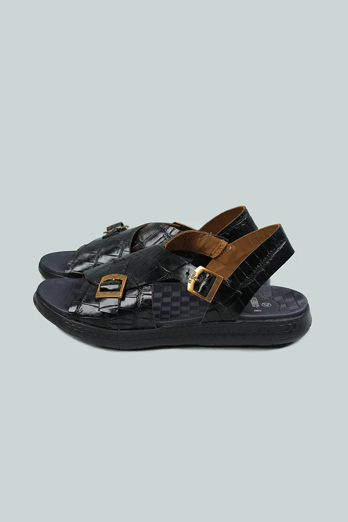 EMBOSSED BLACK LEATHER SANDAL