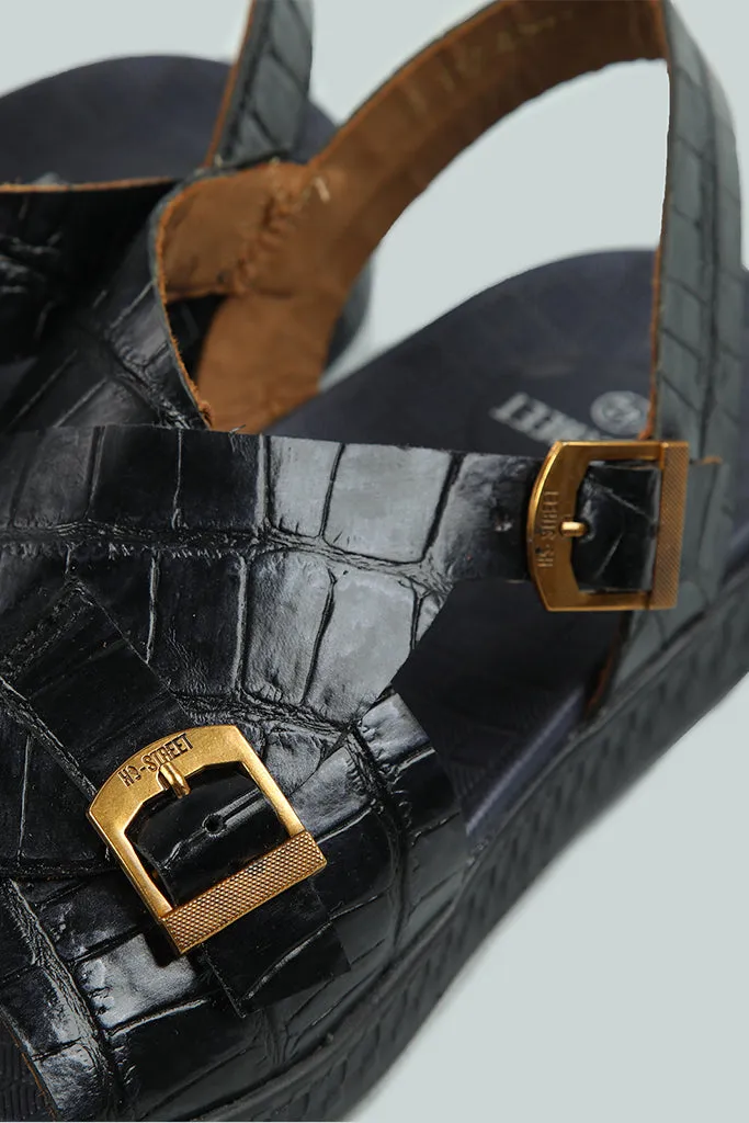 EMBOSSED BLACK LEATHER SANDAL