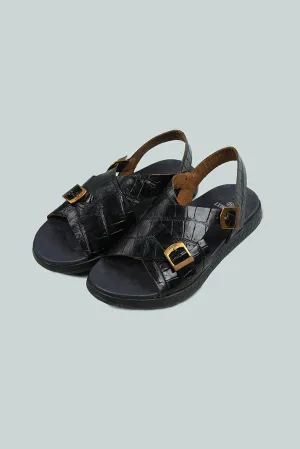 EMBOSSED BLACK LEATHER SANDAL