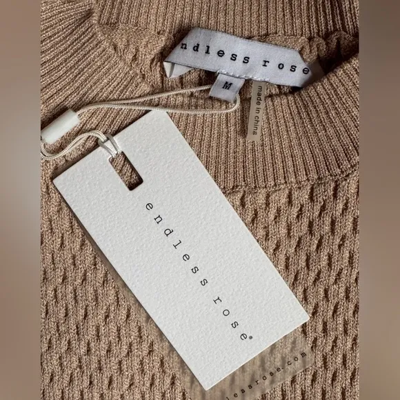 Endless Rose Medium Camel Textured Knit Crochet Bodycon Mini Dress Tie Back NWT