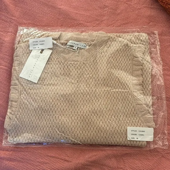Endless Rose Medium Camel Textured Knit Crochet Bodycon Mini Dress Tie Back NWT