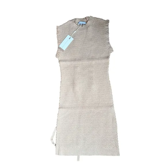 Endless Rose Medium Camel Textured Knit Crochet Bodycon Mini Dress Tie Back NWT
