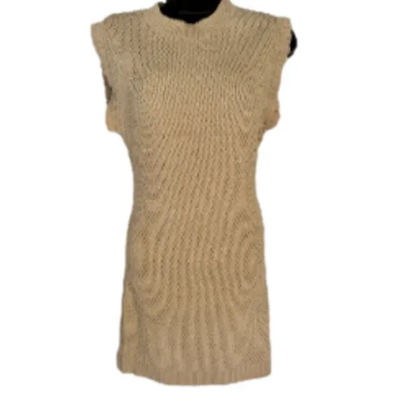 Endless Rose Medium Camel Textured Knit Crochet Bodycon Mini Dress Tie Back NWT