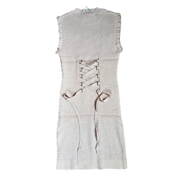 Endless Rose Medium Camel Textured Knit Crochet Bodycon Mini Dress Tie Back NWT