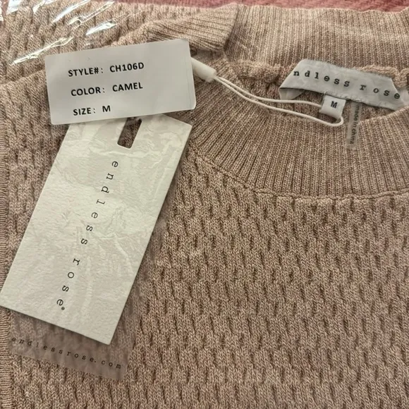 Endless Rose Medium Camel Textured Knit Crochet Bodycon Mini Dress Tie Back NWT