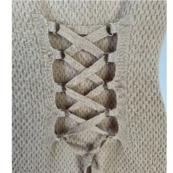 Endless Rose Medium Camel Textured Knit Crochet Bodycon Mini Dress Tie Back NWT