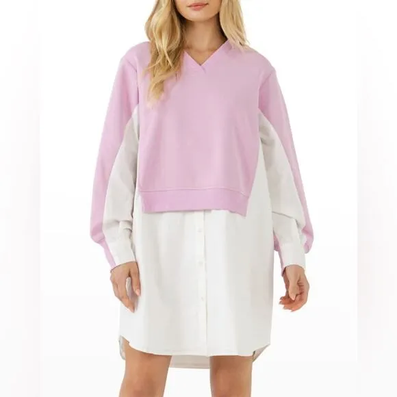 English Factory Oversized Pink V-neck Sweatshirt Poplin Dress Preppy - XS