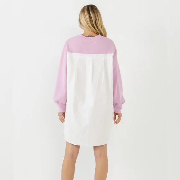 English Factory Oversized Pink V-neck Sweatshirt Poplin Dress Preppy - XS