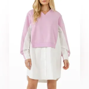English Factory Oversized Pink V-neck Sweatshirt Poplin Dress Preppy - XS