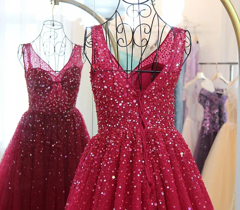 Fasionable Sparkle Tulle V-neckline Long Wine Red Evening Gown, Long Prom Dress