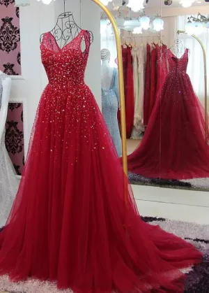 Fasionable Sparkle Tulle V-neckline Long Wine Red Evening Gown, Long Prom Dress