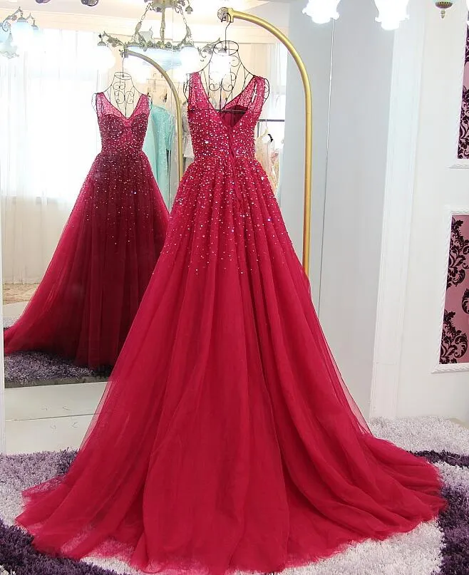Fasionable Sparkle Tulle V-neckline Long Wine Red Evening Gown, Long Prom Dress