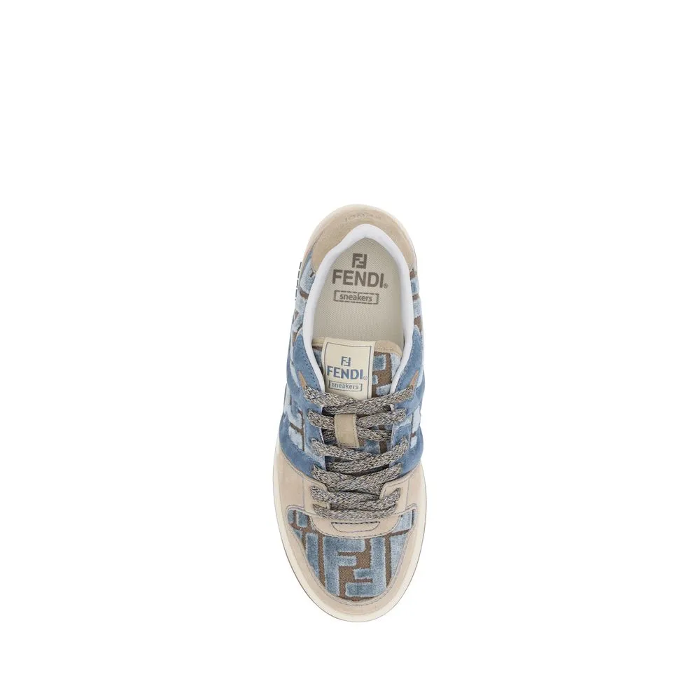 Fendi Women Blue Sneakers Suede Leather FF Logo Athletic Casual Trainer Shoes
