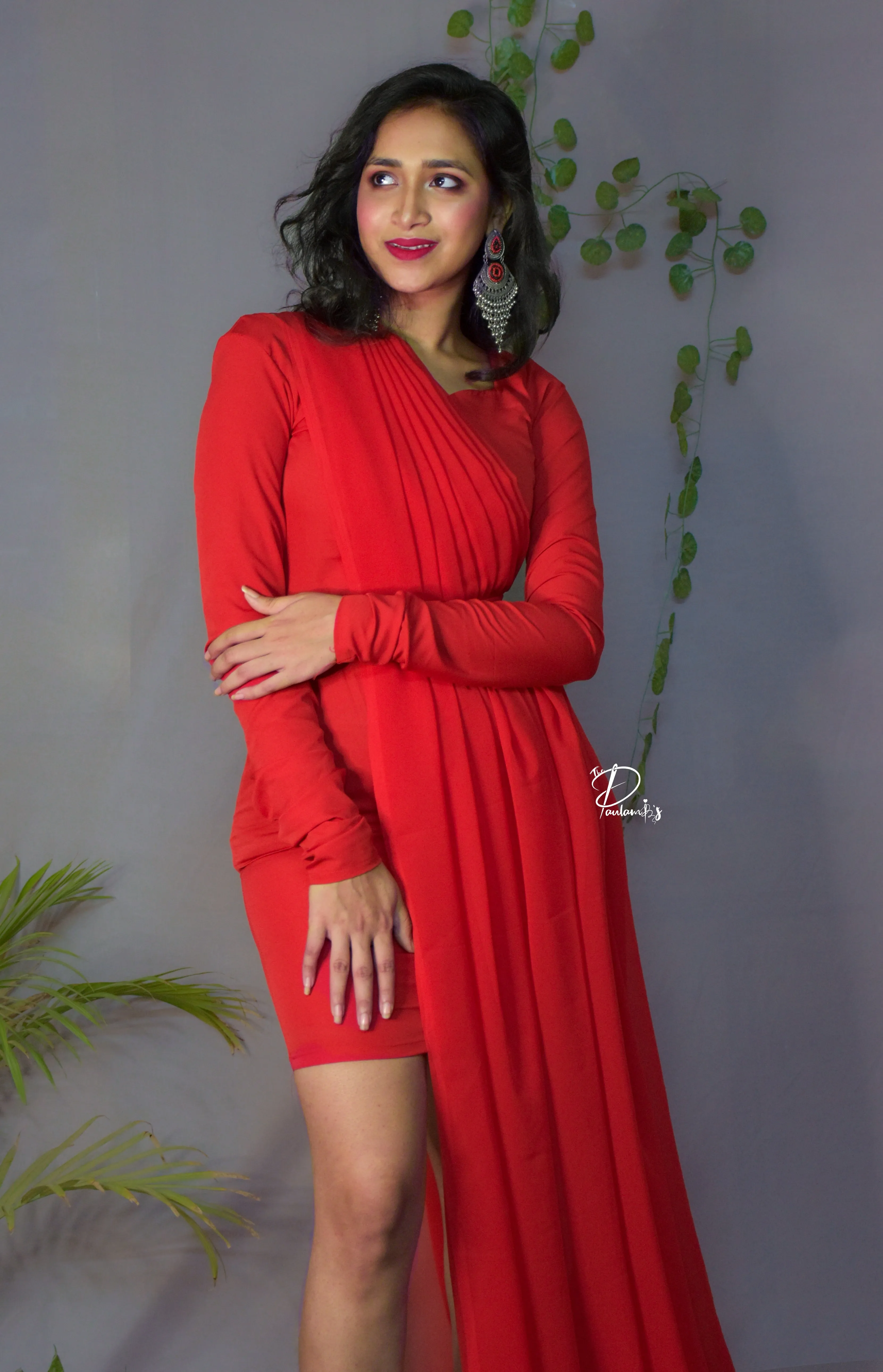 Flirty Fusion : Red Short Bodycon Dress with a Full Length Georgette Pleated Drape