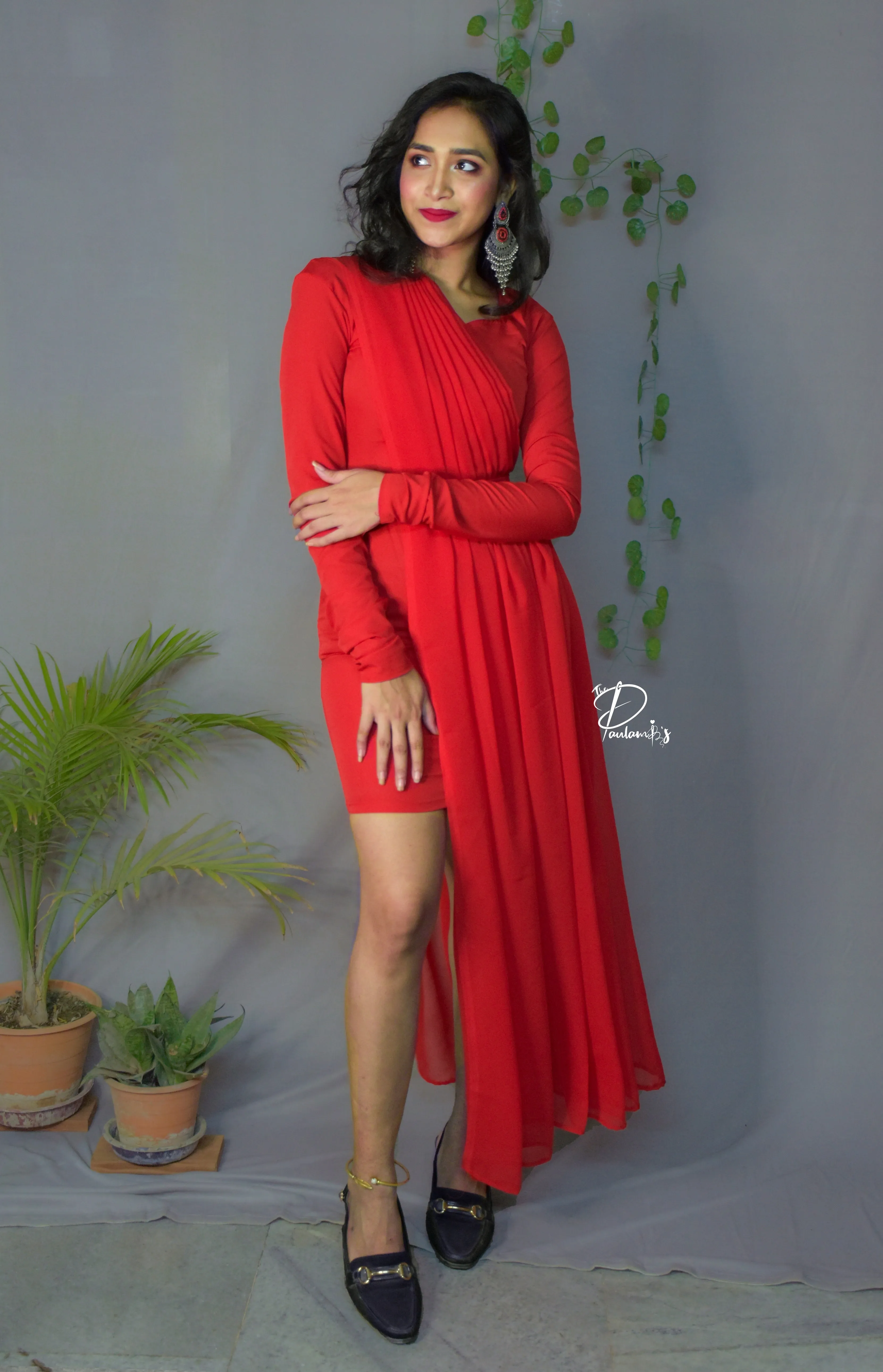 Flirty Fusion : Red Short Bodycon Dress with a Full Length Georgette Pleated Drape