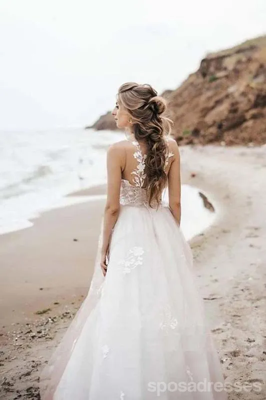 Floral A-line Sleeveless Straps Handmade Lace Wedding Dresses,WD751