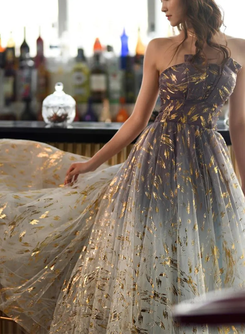 Floral Tulle New Style Strapless Floor Length Party Dress, Long Formal Dress Evening Dress
