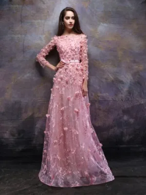 Flowers Beading Bateau Evening Dress