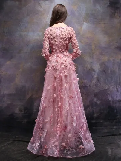 Flowers Beading Bateau Evening Dress