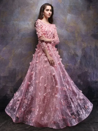 Flowers Beading Bateau Evening Dress