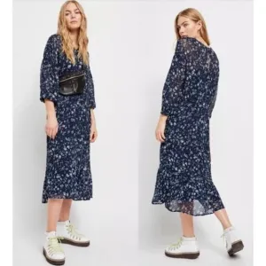 Free People Midi Tiered Floral Gauzy fully lined Dress Blue Cottage core  Sz S