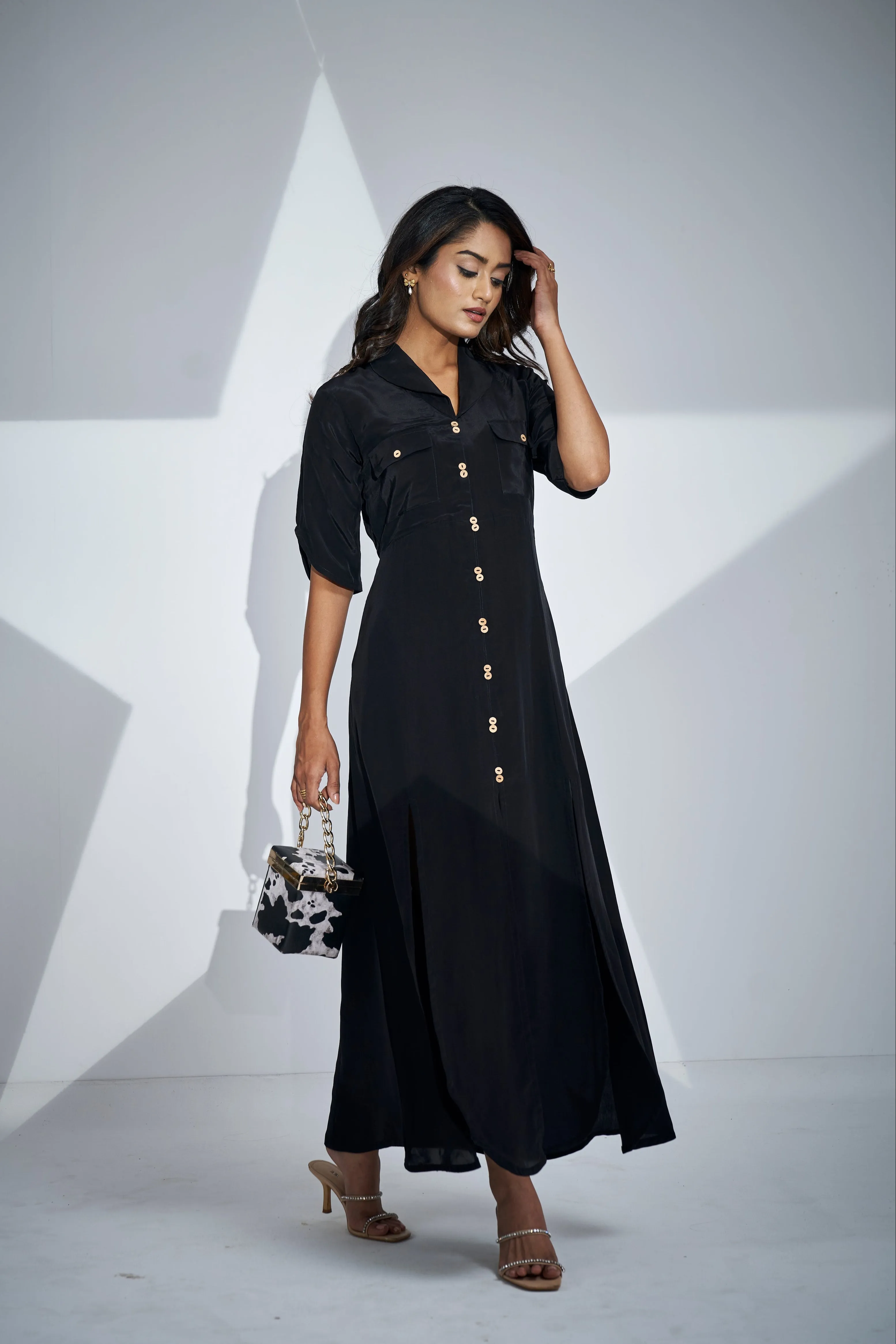 Front Slits Black Shawl Collar Dress