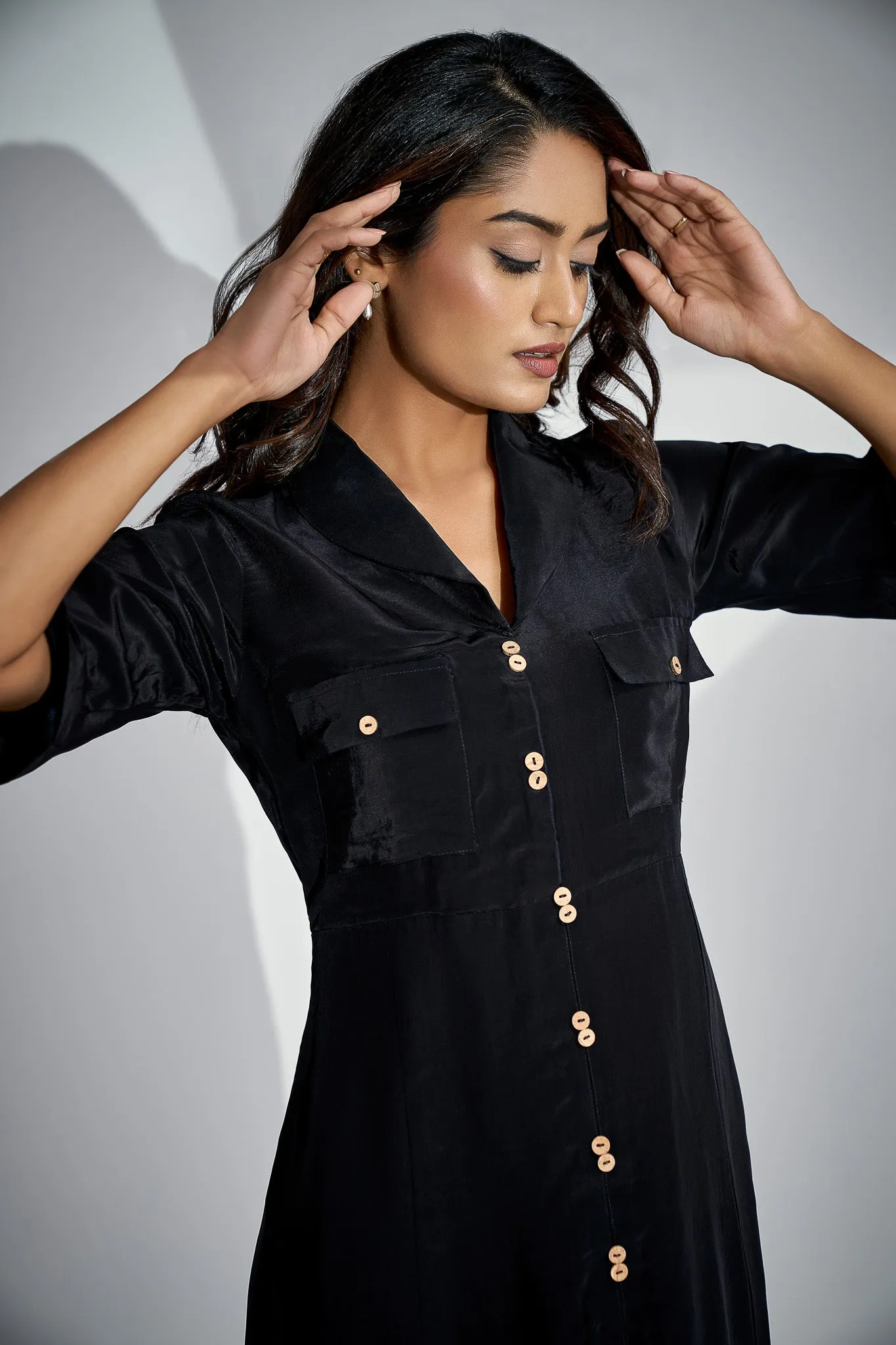 Front Slits Black Shawl Collar Dress
