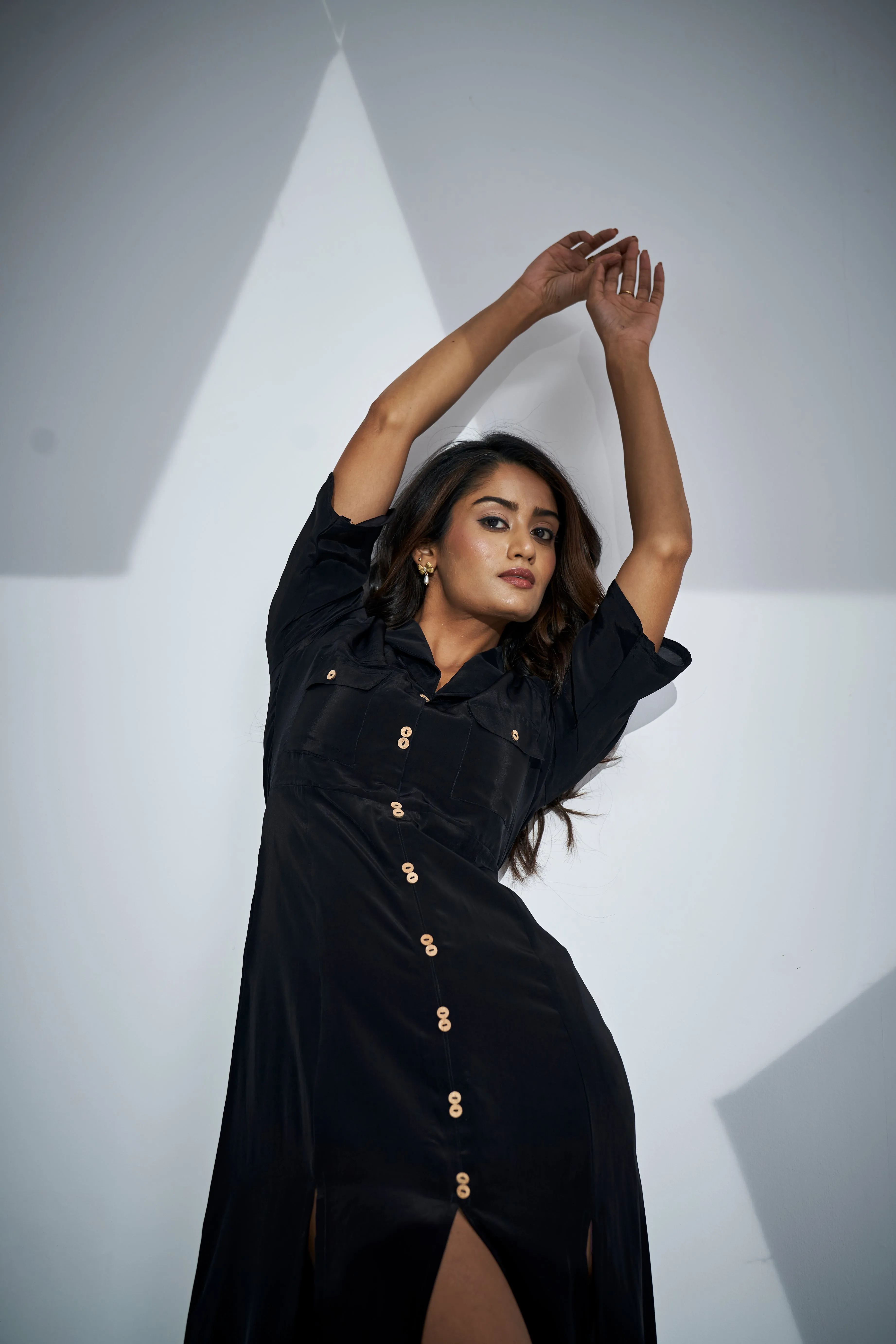 Front Slits Black Shawl Collar Dress